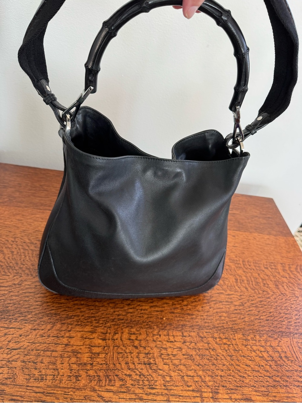 Gucci Vintage Tom Ford Era Black Leather Bamboo Handle Hobo Bag with Strap w/COA
